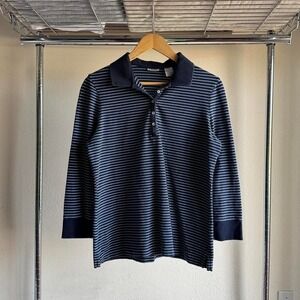 Navy and White Stripped Womens Izod Polo Rugby Longsleeve Collared Sweater Tee